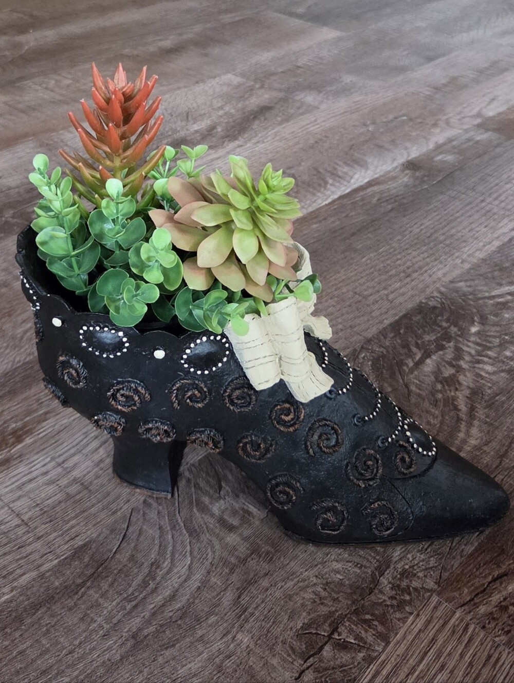 OOAK! Large Victorian Witch Boot Decor With Faux Succulent Plants